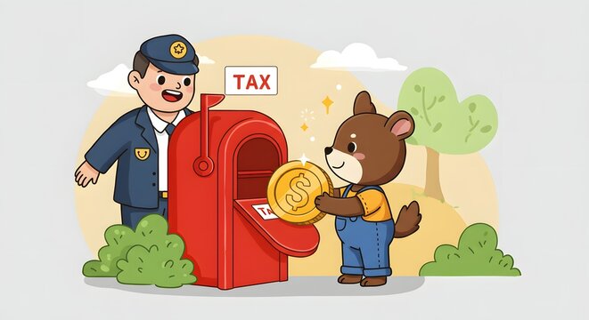 Bear character happily drops a gold coin into a red mailbox while a friendly postal worker observes the tax payment in this colorful illustration.