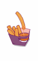 Sweet Churros sugar on purple paper pack and chocolate sauce
