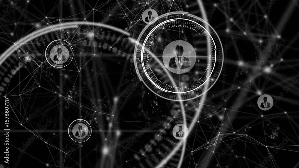 Poster on network activation, hud rotating and expanding spawning user icons across grid for connectivity