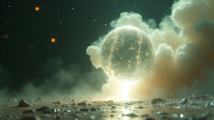 Mystical orb hovering above a rocky surface casting light with ethereal clouds in background creates a stunning science fiction scene