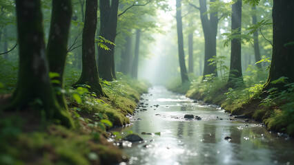 Obraz premium Tranquil forest stream with sun rays filtering through the trees creating a peaceful atmosphere and scenery