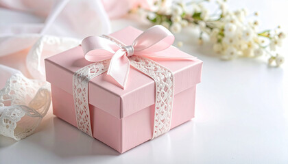 Delicate Gift: A beautifully presented pink gift box, adorned with a satin bow, sits elegantly on a pristine surface. The gift box conveys a sense of thoughtfulness, surprise and affection