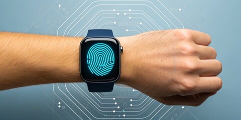 Smartwatch with Fingerprint Technology Against Blue Background and Circuit Pattern Design