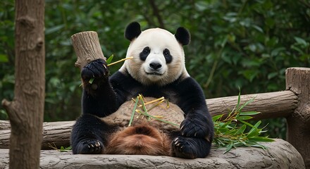 Fototapeta premium Captivating Portrait of a Panda Enjoying Bamboo, Adorable Panda Bear Sits and Eats Amidst Green Foliage in Natural Habitat