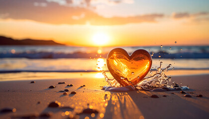 Golden Heart by the Sea: A luminous golden heart rests on a sandy beach, illuminated by a vibrant sunset, symbolizing love, serenity, and the beauty of nature's embrace.