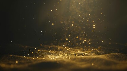 Naklejka premium Floating golden dust particles in dark background with glowing atmospheric light 