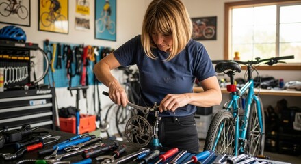 Focused Woman Repairing Bicycle in a Well-Organized Workshop