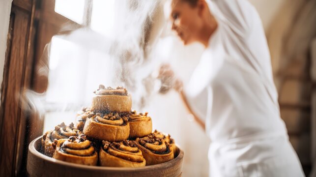 Baker Dusting Warm Cinnamon Rolls In Rustic Kitchen - Powered by Adobe