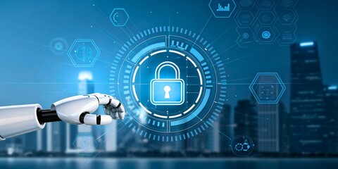 Futuristic robot hand interacting with digital security interface in urban environment