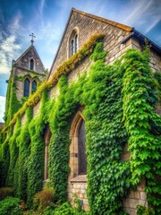 Obraz premium Lush greenery and vines covering the church walls