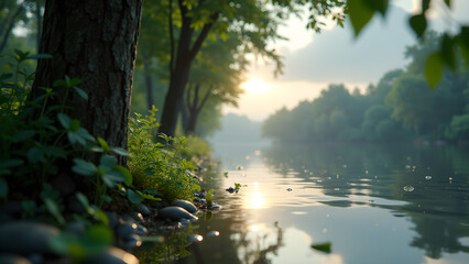 Naklejka premium Idyllic scenery of a tranquil river flowing through a verdant forest at sunrise beautiful landscape