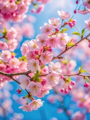 Vibrant blooming cherry blossoms on a gentle spring morning with soft pink hues and delicate branches against a blue sky backdrop