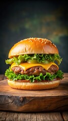 Juicy beef patty topped with melted cheese and lettuce on a toasted bun
