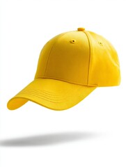 Fototapeta premium Bright yellow baseball cap floating with a subtle shadow isolated on white background