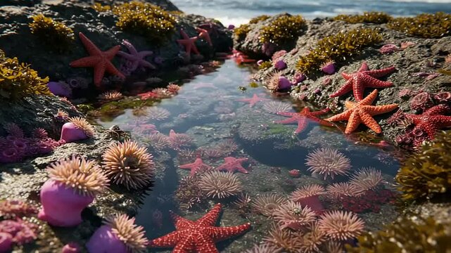 Vibrant tide pool with starfish and sea anemones