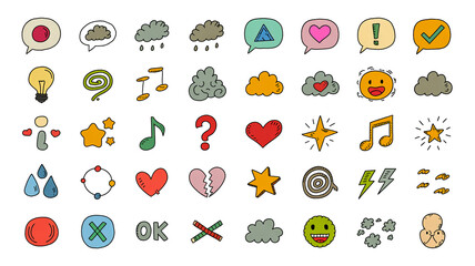 A collection of 40 simple hand-drawn emoji icons, neatly arranged in 8 rows of 5