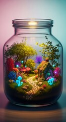 Miniature Enchanted Cottage Garden Inside a Glass Jar with Glowing Elements