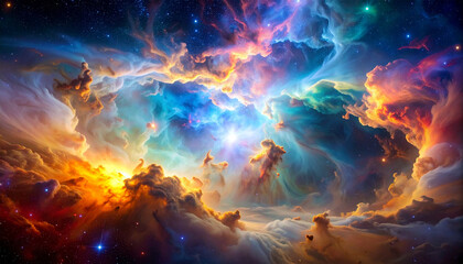 Cosmic Symphony: An awe-inspiring vista of a celestial nebula, a mesmerizing display of swirling gases and radiant stars, painted across the canvas of the universe. 