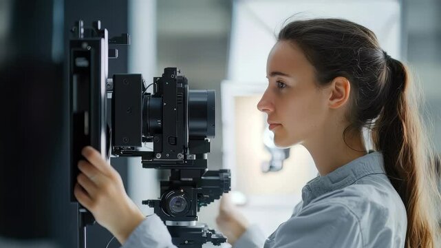 Woman operates large format camera in studio setting during a creative photography session