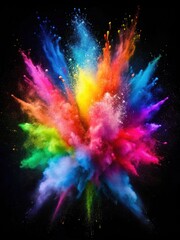 Powder particles exploding in vibrant colors on a dark canvas