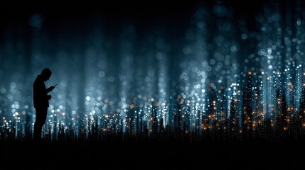 Solitary Contemplation: A silhouetted figure, engrossed with a cellular phone, stands amidst a mysterious display of luminous particles, evoking an air of introspection, deep thought.