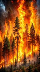 Naklejka premium Blazing inferno engulfing a dense forest