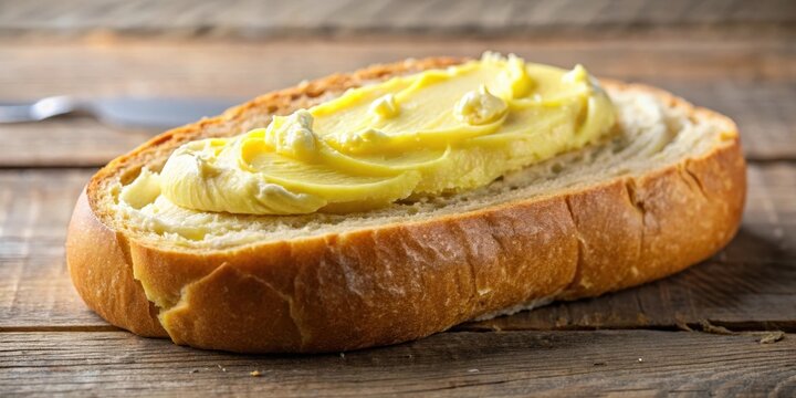 A pat of butter is spread evenly on a crusty loaf of French bread