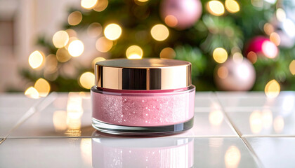Holiday Glamour: A close-up shot of a beauty product container, the jar features a vibrant pink shade set against a festive backdrop with the holiday-themed decorations and luminous bokeh effects.