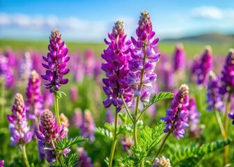 Obraz premium Bunch of Mongolian milkvetch flowers with purple petals and green leaves