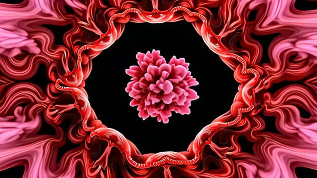 In a striking visual cadence, Fractal Border Frame expanding in recursive loops bursts forth, showcasing rich reds mingling with soft pastels, capturing fluid, sweeping motions that enliven