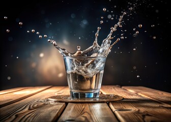 Water droplets splashing out of a glass cup on a wooden table