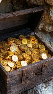 Open treasure chest overflowing with gold coins, treasure chest with gold coins, golden treasure, pirate fantasy concept, gold coins in a chest, gold coins in a hidden cave, footage, 4k footage