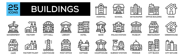 Buildings icon collection set. Containing design Hospital, School, Skyscraper, Office Building, House