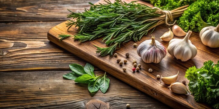 Aromatic herbs and garlic arranged on a rustic wooden cutting board