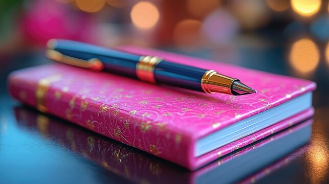 A pen rests atop a pink journal with bokeh background, stylish and elegant. Use for blogs, articles, or marketing focused on lifestyle, writing, or planning.