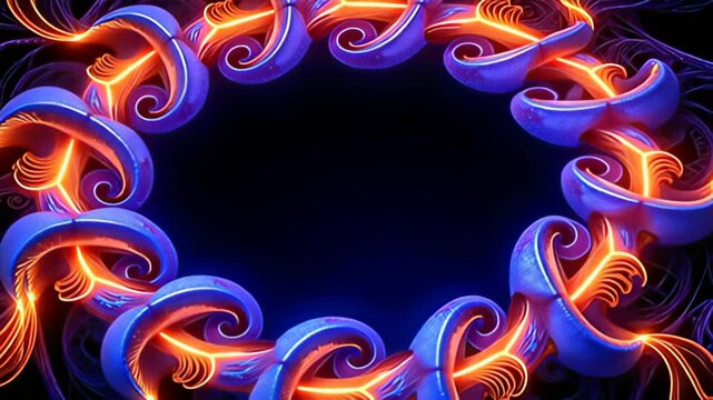 In a captivating interplay of iridescent hues, a Fractal Border Frame expanding in recursive loops elegantly emerges, surrounded by swirling strands of luminous light cascading in rhythmic