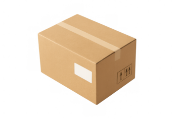 Cardboard shipping box displaying blank label, handling markings against transparent backdrop, representing packaging logistics concept