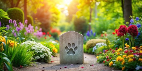 A serene garden with a stone marker featuring a pet's paw print