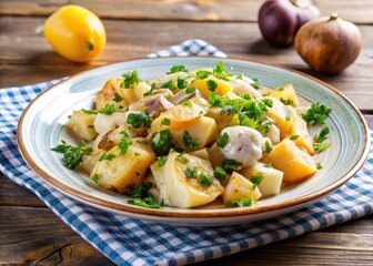 A traditional Portuguese-style Bacalhau ? Br?s dish with potatoes and onions on a plate