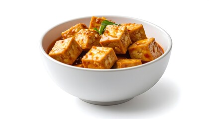 Close Up Tofu Cubes in Orange Sauce Served in White Bowl Isolated