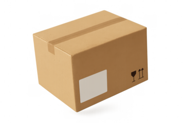 Sealed cardboard box with blank shipping label and handling symbols isolated on transparent background, ideal for delivery and e-commerce visuals