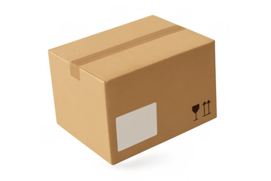 Sealed cardboard box with blank shipping label and handling symbols isolated on transparent background, ideal for delivery and e-commerce visuals