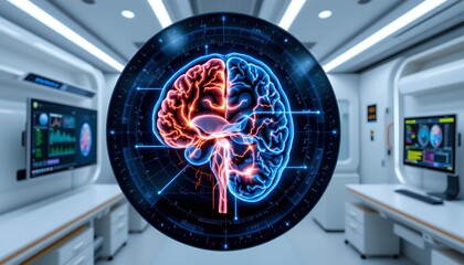 (ultra detailed, hyper realistic, sci fi medical): ai analyzing an mri scan of a human brain, highlighting neural pathways with glowing blue data lines
