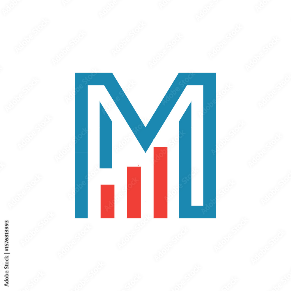 Fototapete this image depicts a flat logo design of an initial letter m in blue color with an orange graph bar 