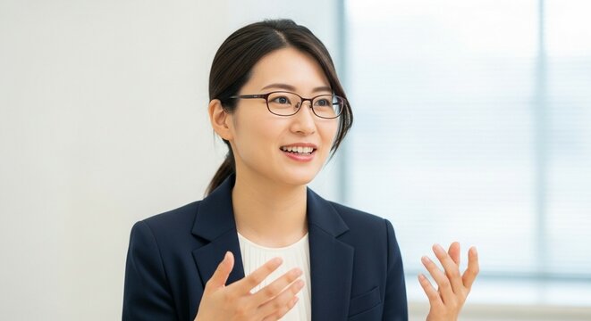 知的な対話、眼鏡をかけた日本人女性社員のインタビュー風景