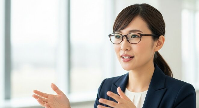 知的な対話、眼鏡をかけた日本人女性社員のインタビュー風景