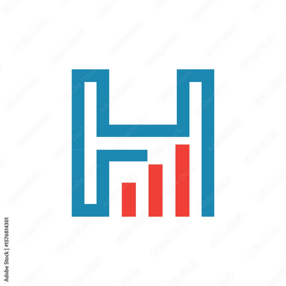 Poster 
This image depicts a flat logo design of an initial letter H in blue color with an orange graph bar that looks clean and modern on a white background for statistic purposes
