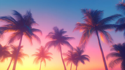 Naklejka premium Palm Trees Sunset Glow Tropical Scene Vibrant Colorful Skyline Vacation Getaway Dreamy Summer Evening Relaxation Destination Palm Trees Against Soft Hues of Pink Yellow and Blue Gradient Horizon