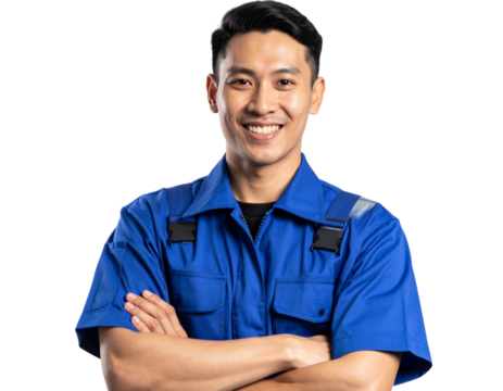 A friendly and cheerful Asian male mechanic wearing blue work overalls, standing PNG