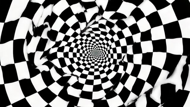 A mesmerizing video concept featuring a black and white checkered spiral pattern, captured from a top-down angle, creating a hypnotic visual effect. Live desktop wallpaper.